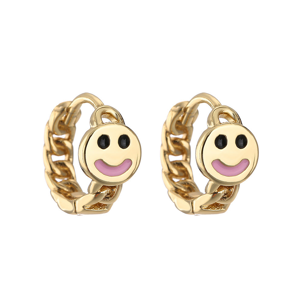 Geometric Style Smiley Face Earrings for Women with Copper Base Plated in 18K Gold and Rhinestone Inlay
