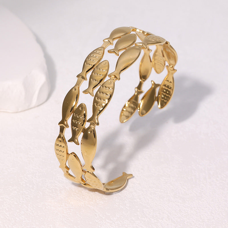 Bracciale Minimalista da Donna in Acciaio Inossidabile a Forma di Pesce, Placcato Oro 18K, in Acciaio al Titanio