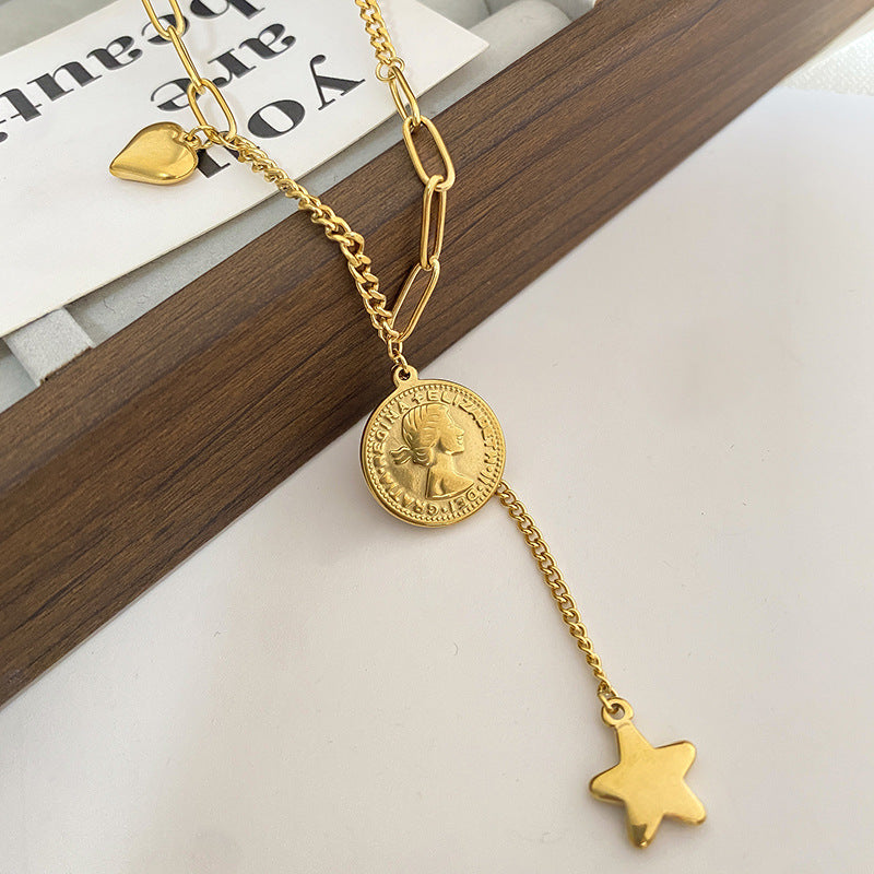 Round Queen Head Tassel Star Titanium Steel Plated Pendant Necklace with Cable Chain