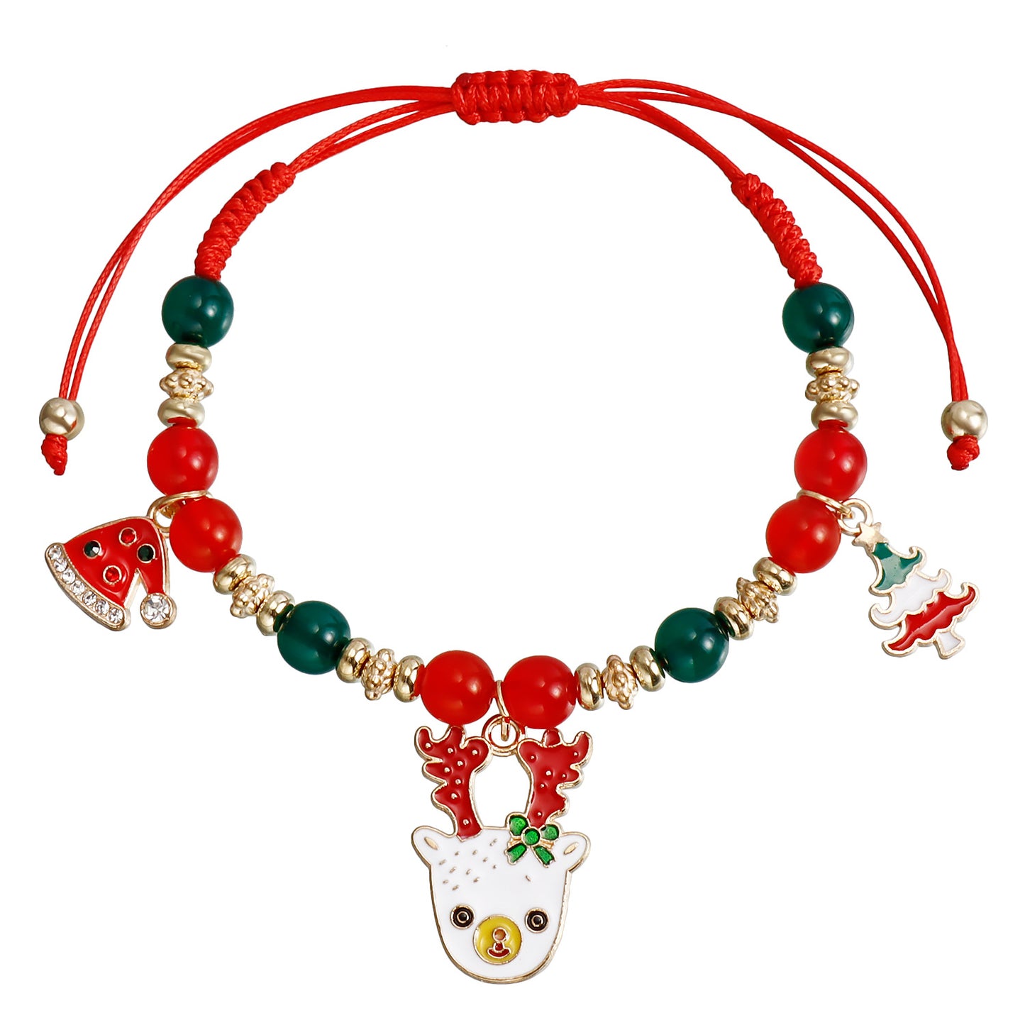 Handmade Beaded Christmas Bracelet Set with Snowman Reindeer and Bell Charms in Red Color Geometric Design Electroplated Women's Jewelry Gift