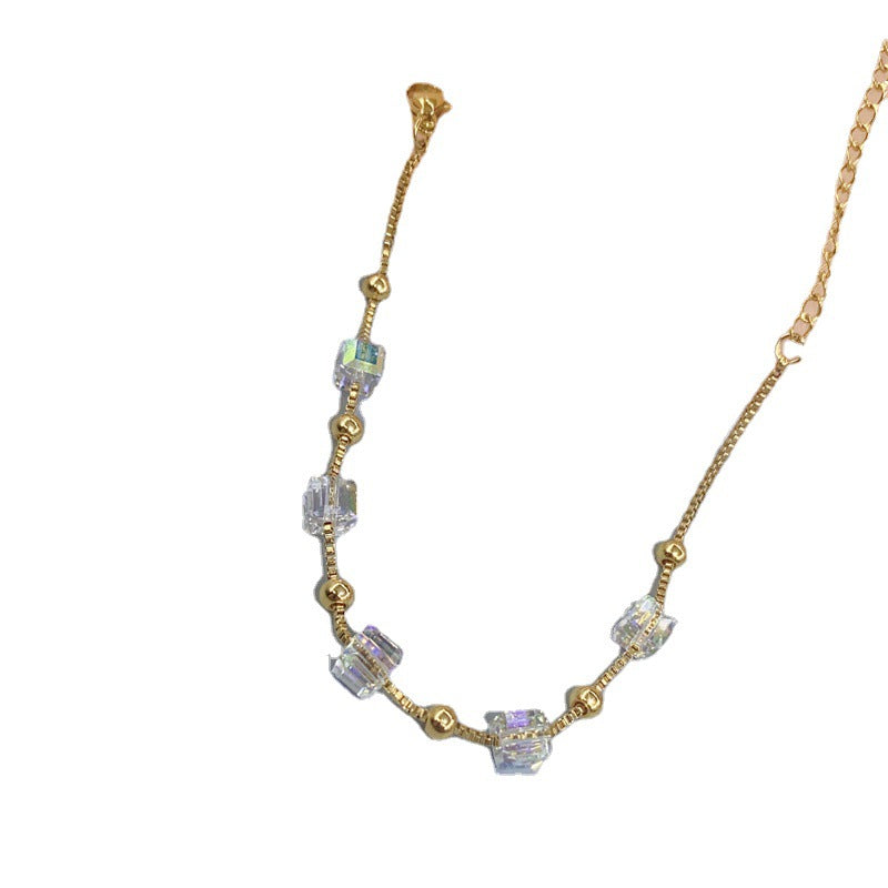 Charm Bracelet for Women with Geometric Square Design in Titanium Steel with Gold Plating and Color-Changing Crystal Accents