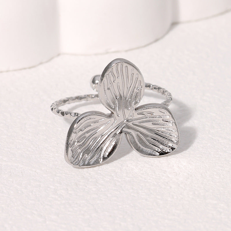Minimalist Leaf-Shaped Stainless Steel Open Ring with Plating Finish for Women