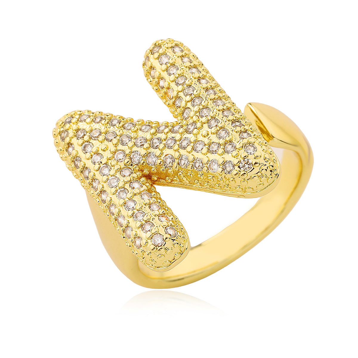 Minimalist Geometric Letter Zirconia Ring for Women in Copper with Gold Plating and Micro-Pavé Setting