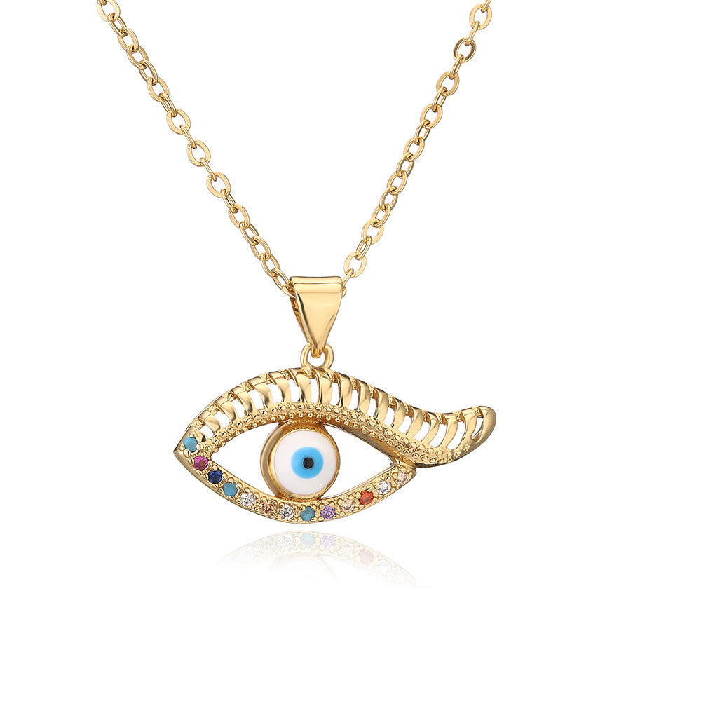 Collana con pendente a occhio blu geometrico minimalista da donna con base in rame e placcatura in vero oro con accenti di zirconi