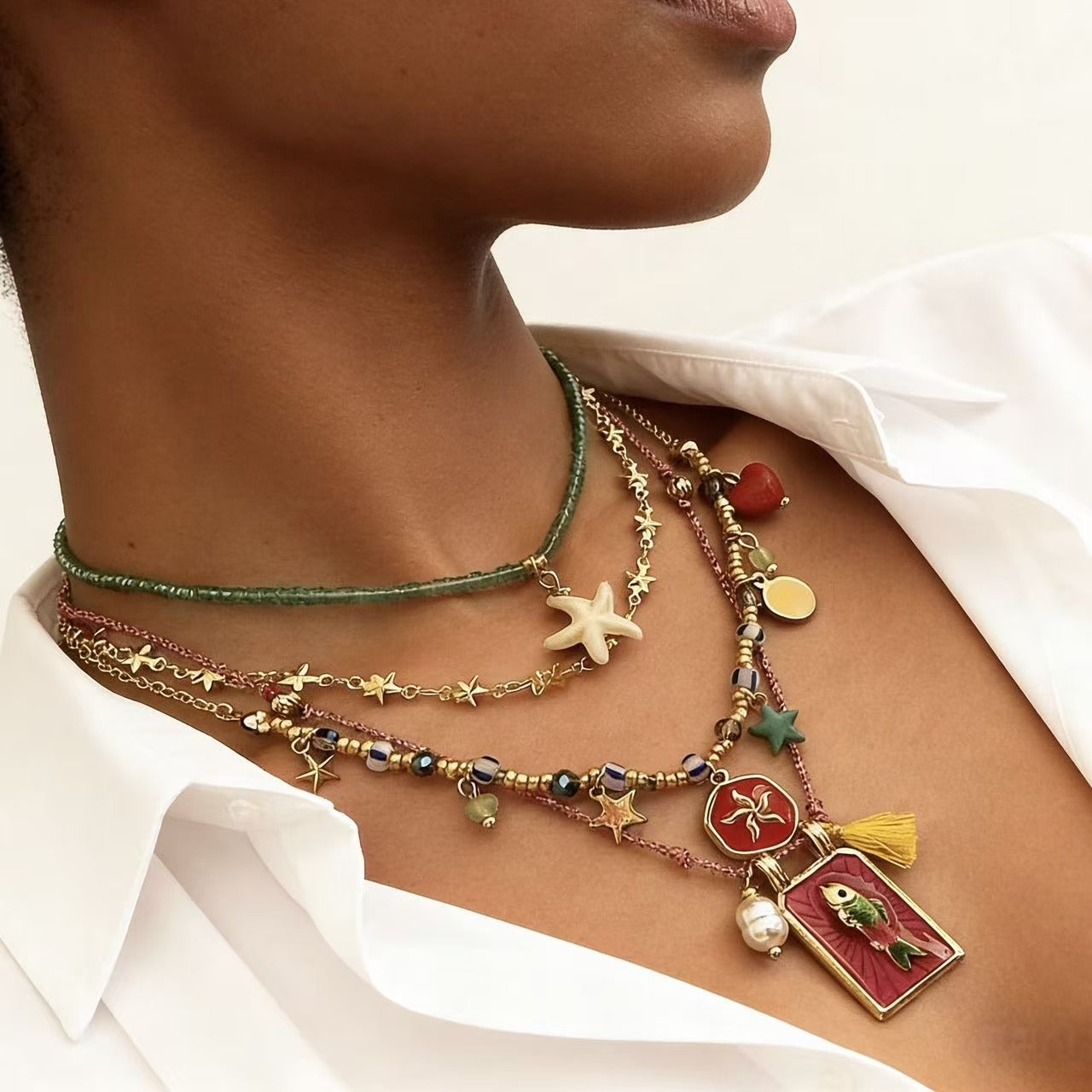 Collana con perline placcate in lega a forma di stella marina geometrica e pesce unisex