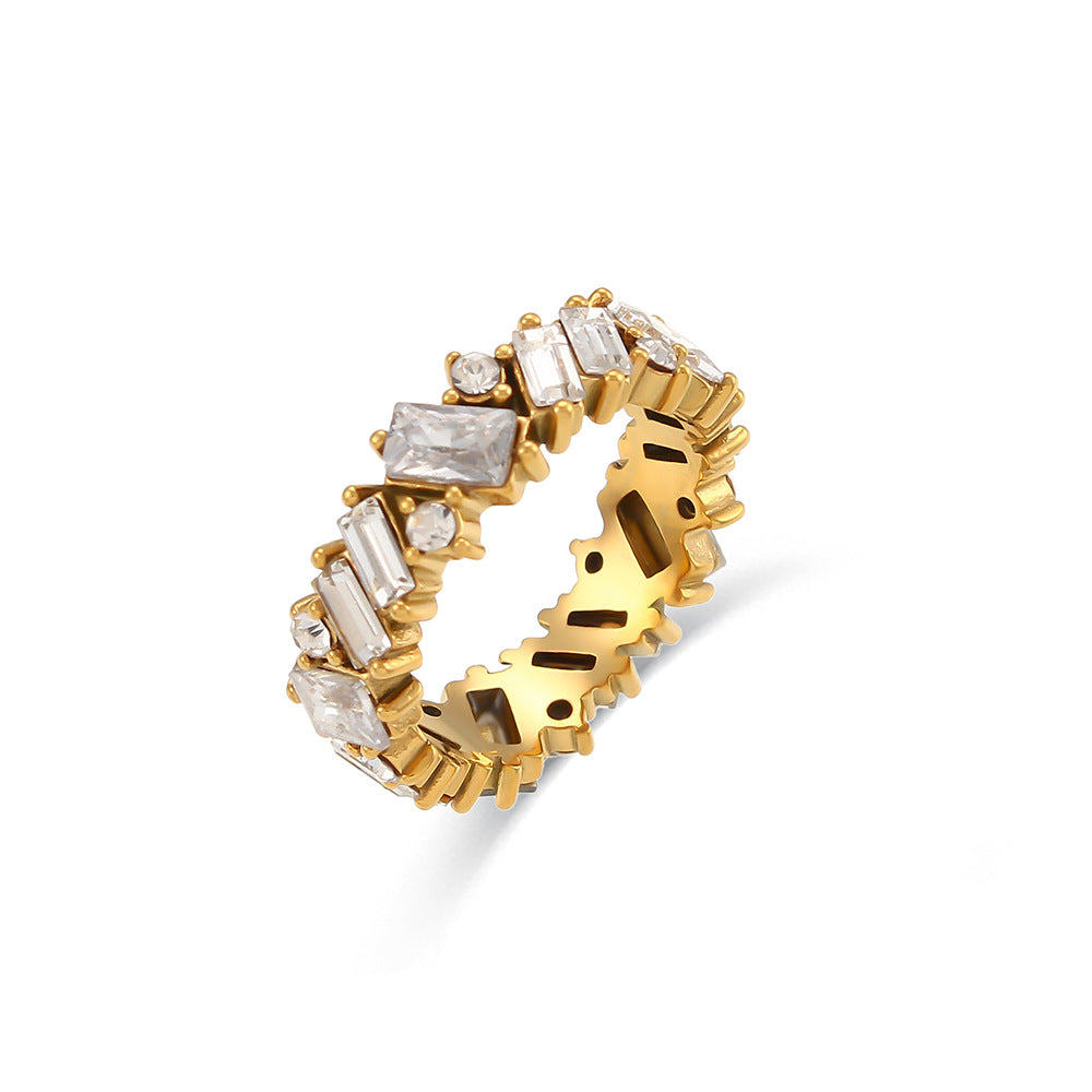Fashionable Geometric Stainless Steel Ring with Rhinestone Inlay for Women, Electroplated Elegant Hand Jewelry