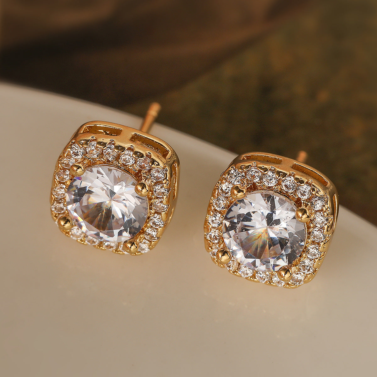 Minimalist Geometric Copper Earrings with 18K Gold Plating and Micro-Pavé Zirconia for Women