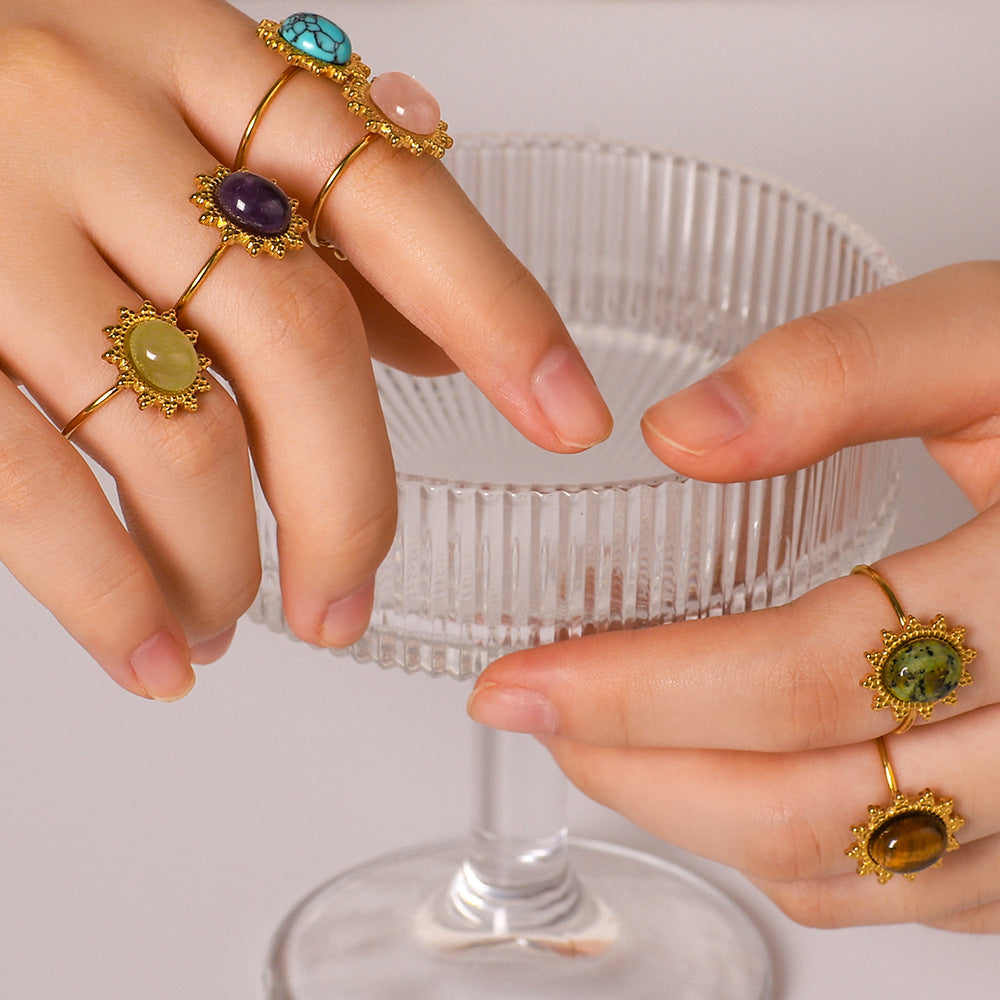 Anello Geometrico in Acciaio Inossidabile con Intarsi in Occhio di Tigre e Turchese, Anello da Donna Regolabile alla Moda