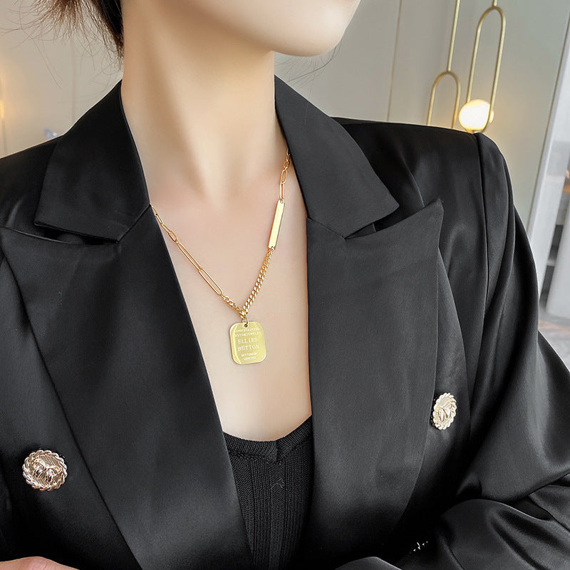 Minimalist Geometric Square Letter Pendant Necklace for Women Titanium Steel Plated Clavicle Chain