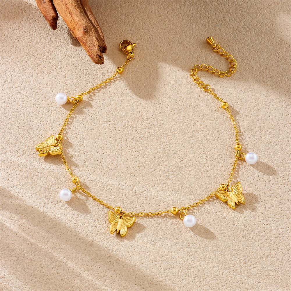 Minimalist Stainless Steel Starfish Turtle Animal Pearl Anklet for Women
