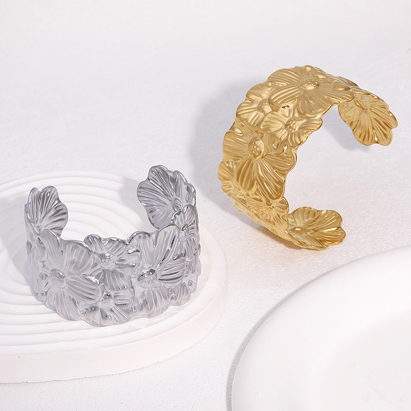 Minimalist 18K Gold Plated Stainless Steel Wide Open Cuff Bracelet with Floral Design for Women