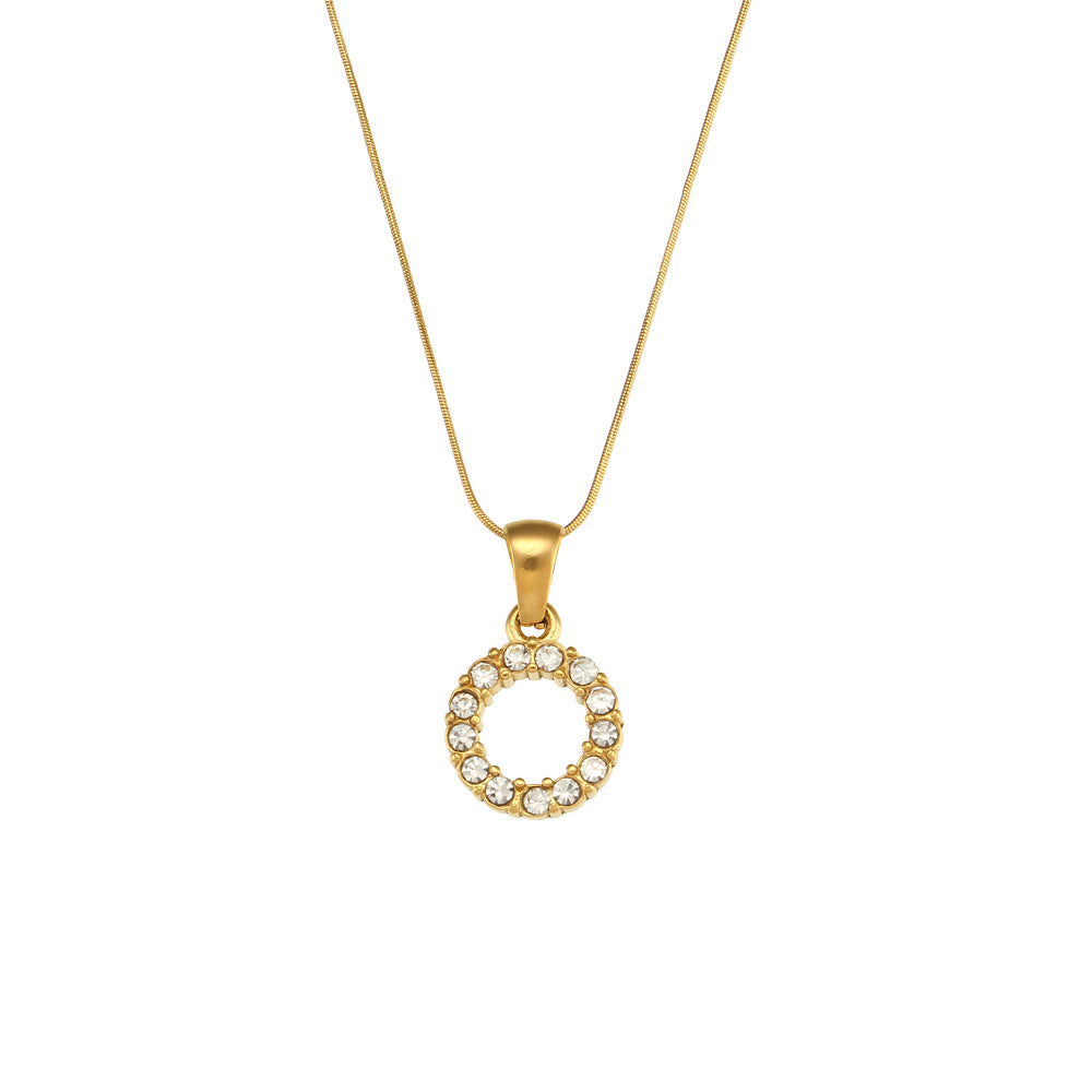 Fashion Minimalist Letter Pendant Necklace in Stainless Steel with 18K Gold Plating and Cubic Zirconia on Thin Snake Chain for Women