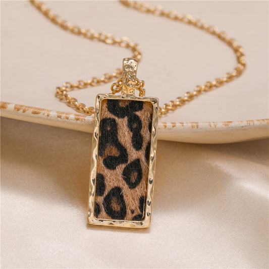 Minimalist Geometric Square Leopard Print Alloy Plated Pendant Necklace with Snake Chain for Women