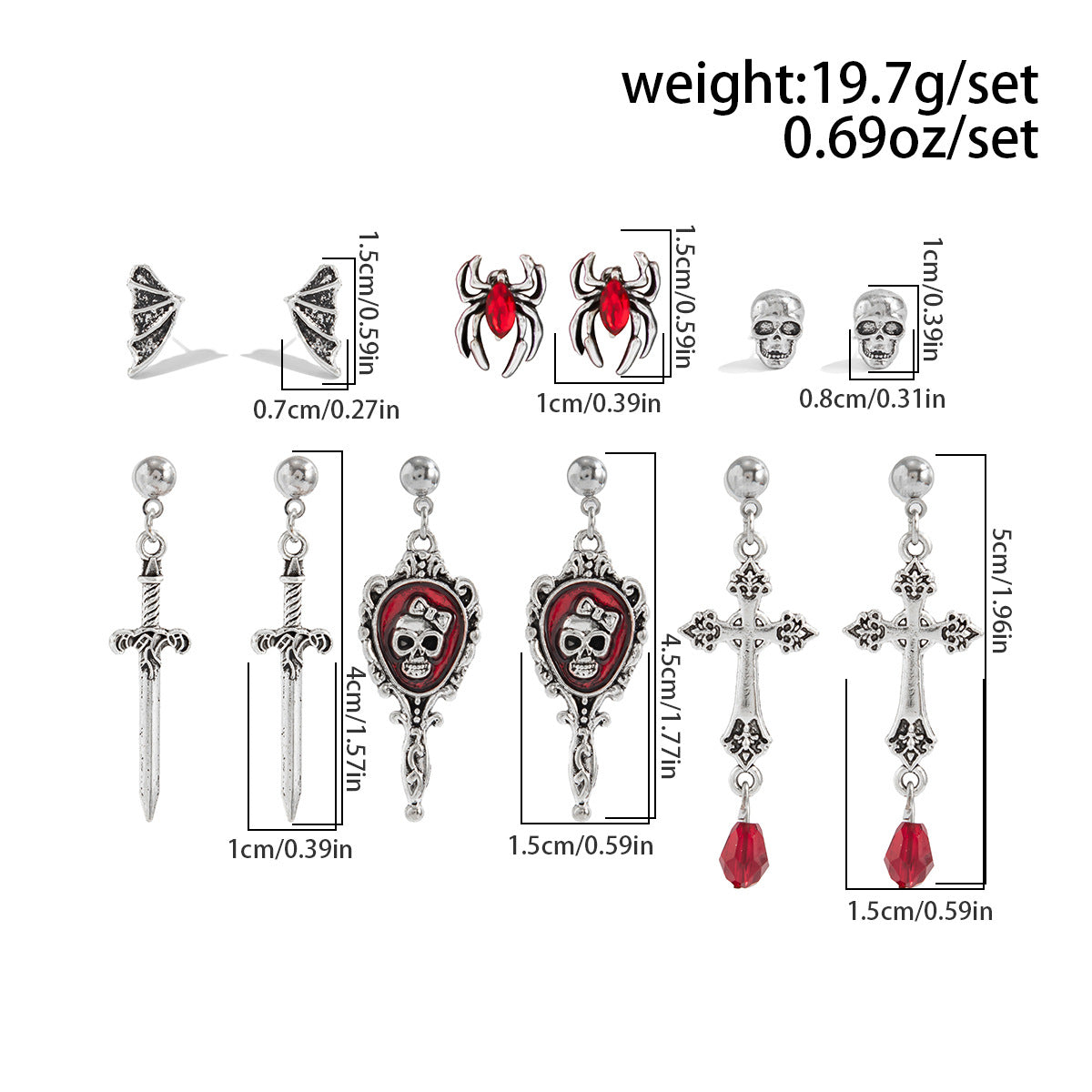 Vintage Alloy Plated Animal Shape Crystal Tassel Earrings Set with Bat and Rose Design for Women