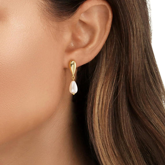 Minimalist Elegant Teardrop Round Pearl Brass Plated Earrings with 925 Sterling Silver Posts for Women