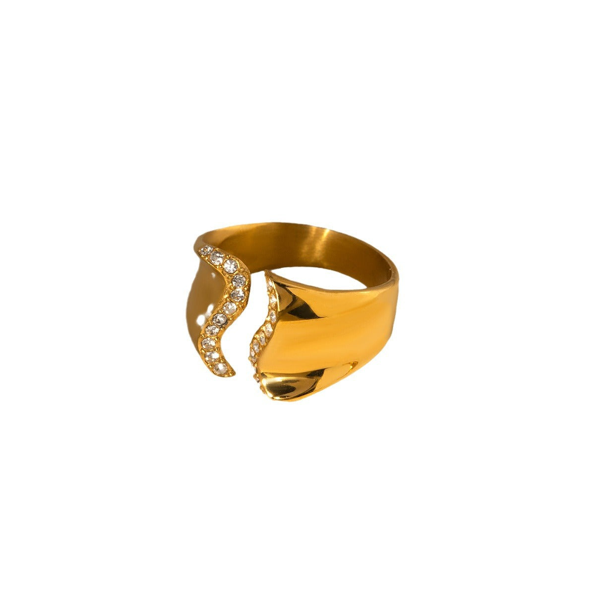 Anillo Minimalista de Acero Inoxidable Bañado en Oro de 18K con Incrustación de Pedrería, Diseño Geométrico Abierto, Unisex