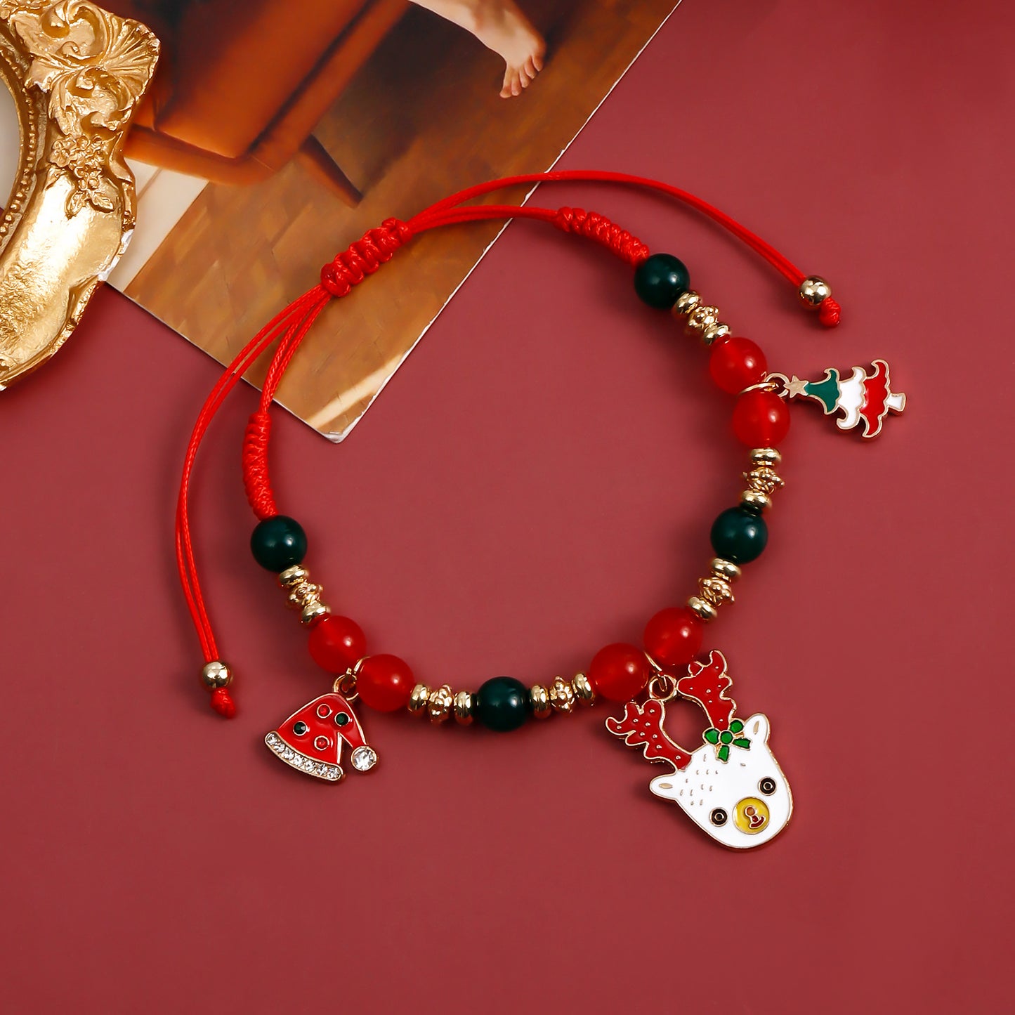 Handmade Beaded Christmas Bracelet Set with Snowman Reindeer and Bell Charms in Red Color Geometric Design Electroplated Women's Jewelry Gift