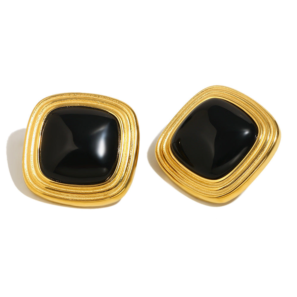 Orecchini a perno quadrati in giada nera minimalisti alla moda con base in acciaio inossidabile e placcatura in oro 18 carati, motivo floreale con trama perlata