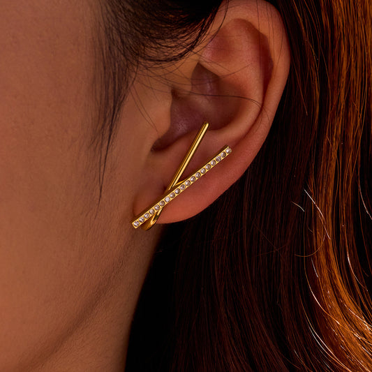 Vintage Style Cross Line Stainless Steel Earrings with Zircon Inlay and 18K Gold Plating for Women