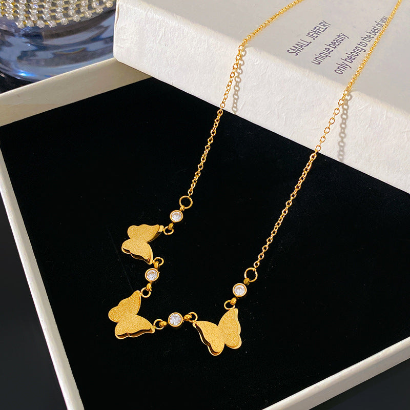 Vintage Matte Titanium Steel Butterfly Necklace with Cubic Zirconia Inlay