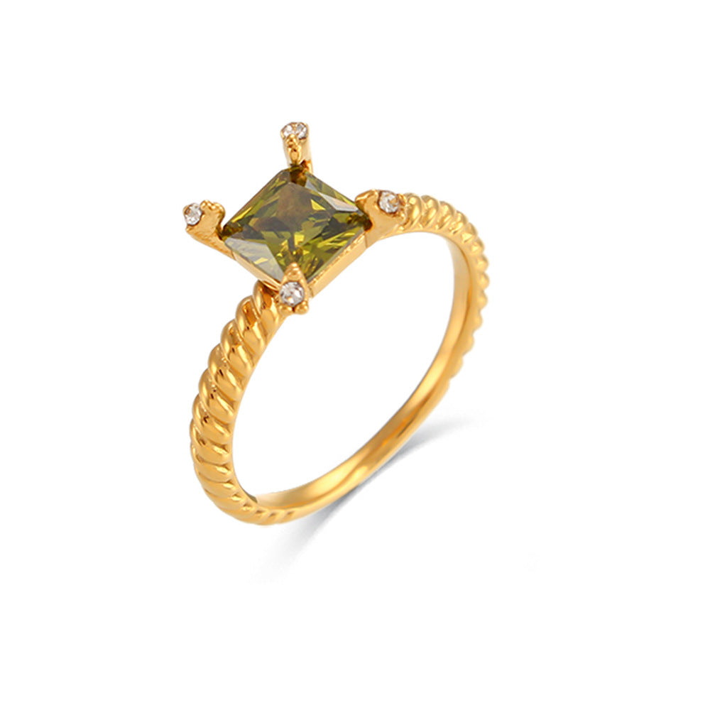 Minimalist Geometric Stainless Steel Plated 18K Gold Square Zircon Ring for Women