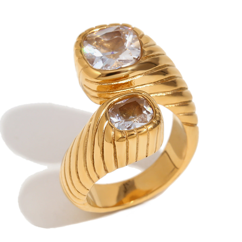 Minimalist Geometric Stainless Steel Ring with 18K Gold Plating and Dual-Zirconia Texture for Women