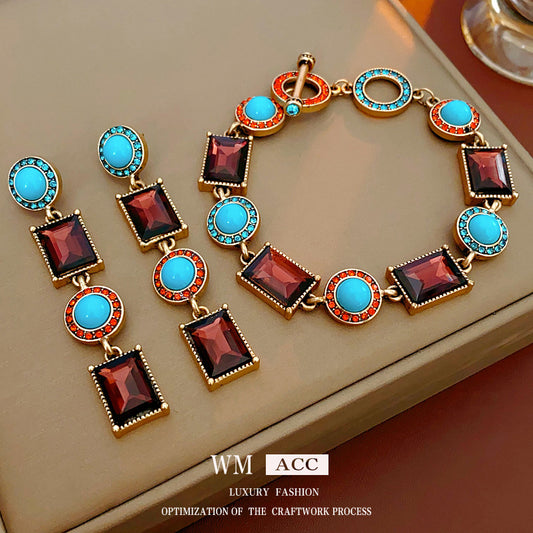Vintage Style Geometric Pendant Earrings and Bracelet Set in Alloy with Rhinestone Inlay and Plated Finish for Women