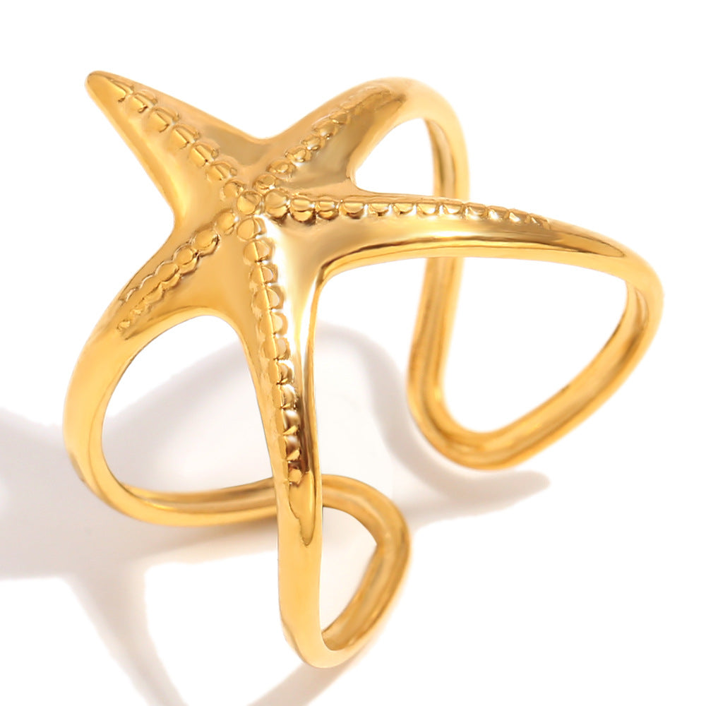 Anello da donna in acciaio inossidabile a forma di stella, placcato oro 18K, ispirato all'oceano, per gioielli da mano