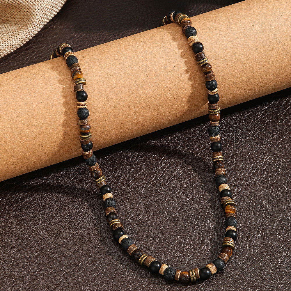 Hip-hop Geometric Round Wood and Tiger Eye Bead Necklace with Cable Chain for Unisex