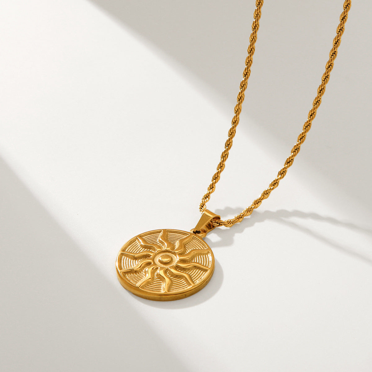 Punk Style Sun Symbol Pendant Necklace for Women in Stainless Steel with Titanium Steel Pendant and Plated Finish on Twisted Chain