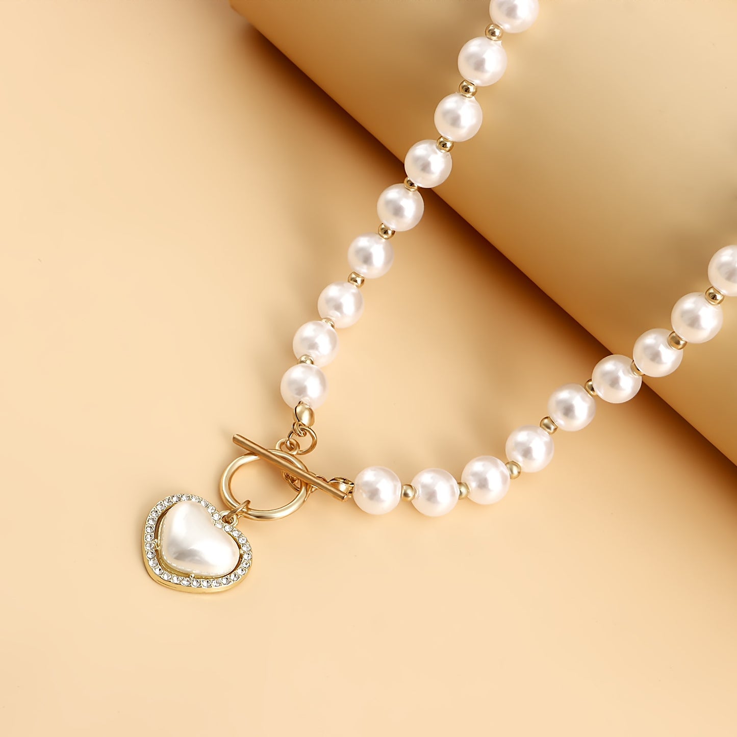Sweet Acrylic and Pearl Beaded Necklace with Heart Pendant on Pearl Chain for Women
