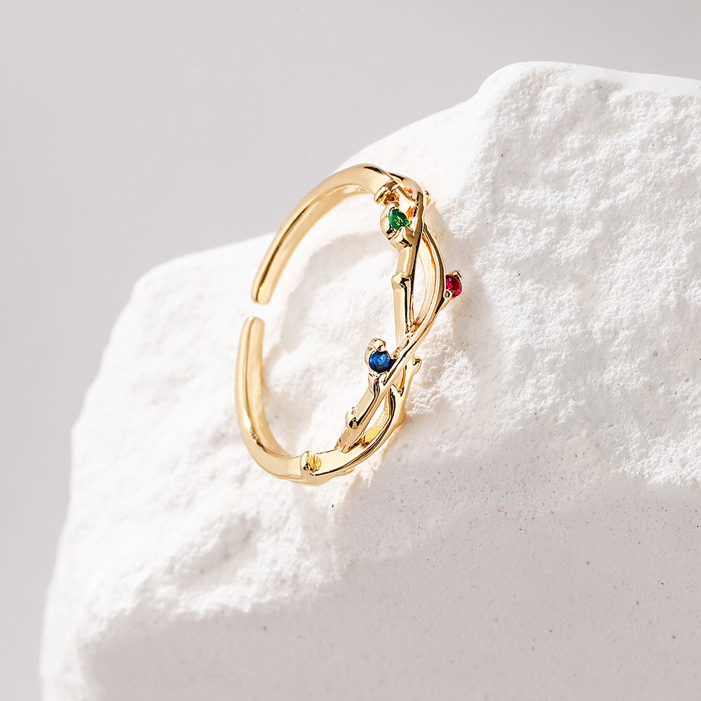Minimalist Geometric Open Ring for Women Made of Copper with 18K Gold Plating and Micro-Paved Zirconia