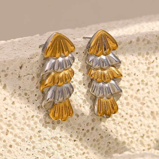 Fashionable French-Inspired Geometric Christmas Tree Shaped Stainless Steel Earrings with 18K Gold Plating for Women