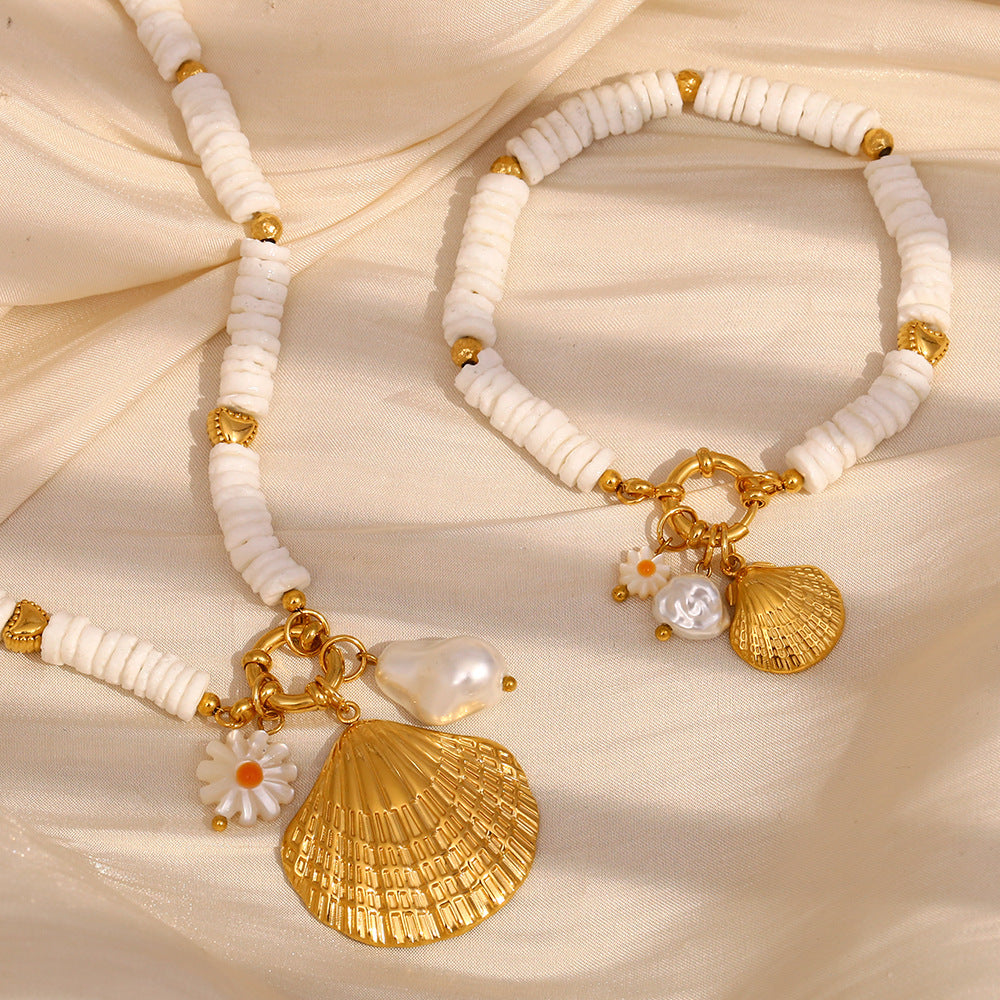 Vintage Fashion Geometric Stainless Steel Plated 18K Gold White Shell Pendant Necklace for Women