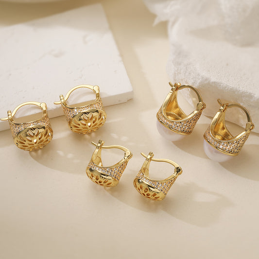 Vintage Minimalist Geometric Brass Gold Plated Cubic Zirconia Earrings for Women