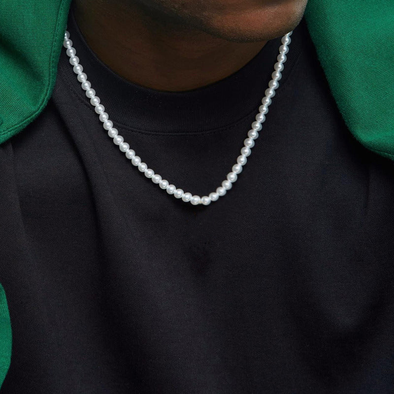 Men's Round Geometric Stainless Steel Pearl Necklace with Alloy Pendant on Cable Chain
