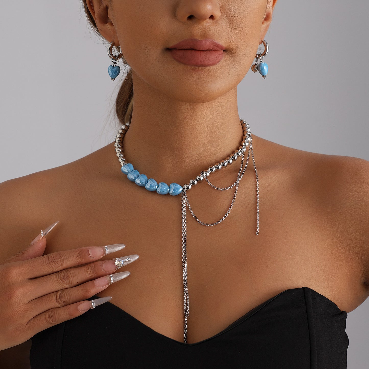 Fashion Geometric Heart Alloy Plated Necklace with Blue Tassel and Beads for Women