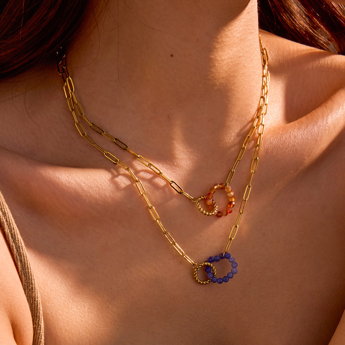 Collar con colgante de aro redondo de acero inoxidable estilo OL a la moda, galvanizado para mujer con incrustaciones de piedra natural