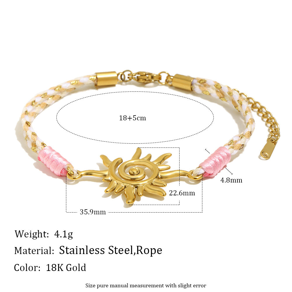 Minimalist 18K Gold Plated Geometric Sun Stainless Steel Rope Bracelet for Women