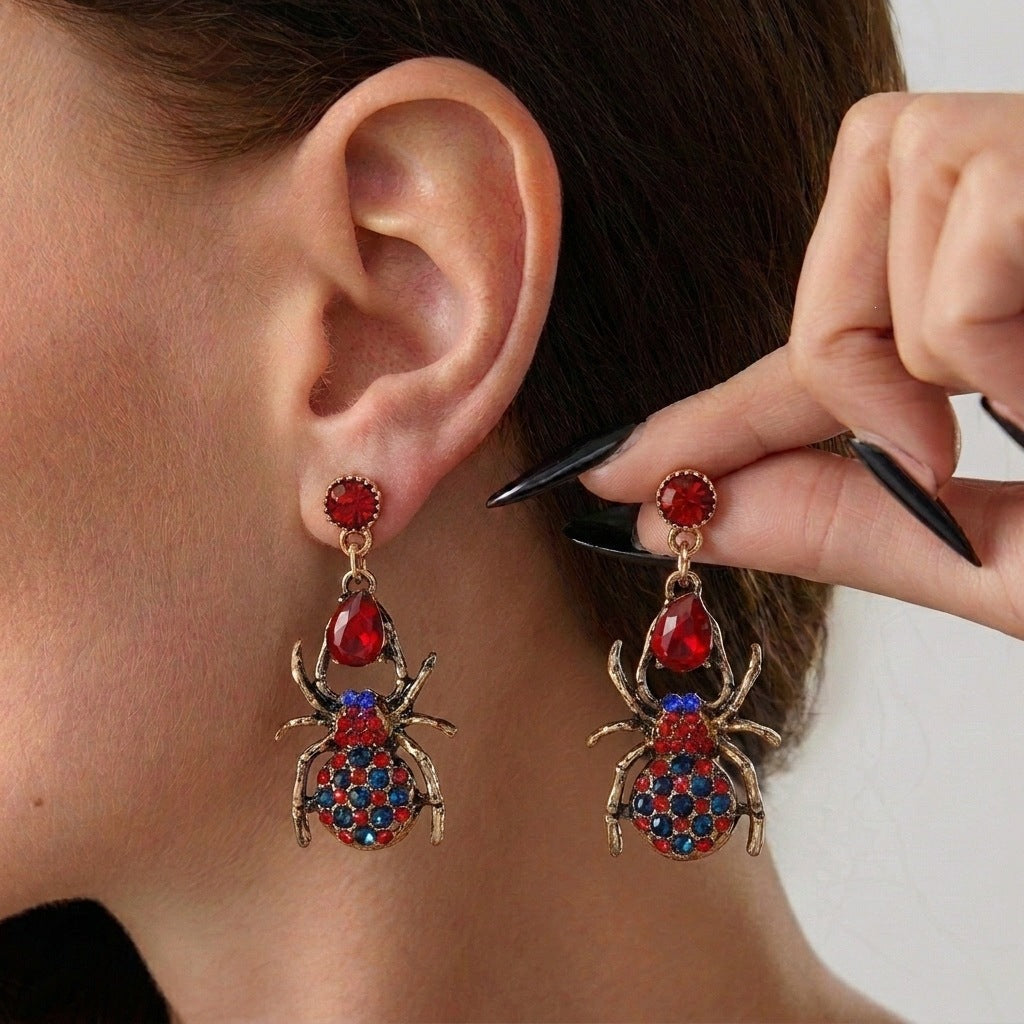 Gothic Punk Rhinestone Inlaid Geometric Alloy Earrings with Bat and Tassel Design