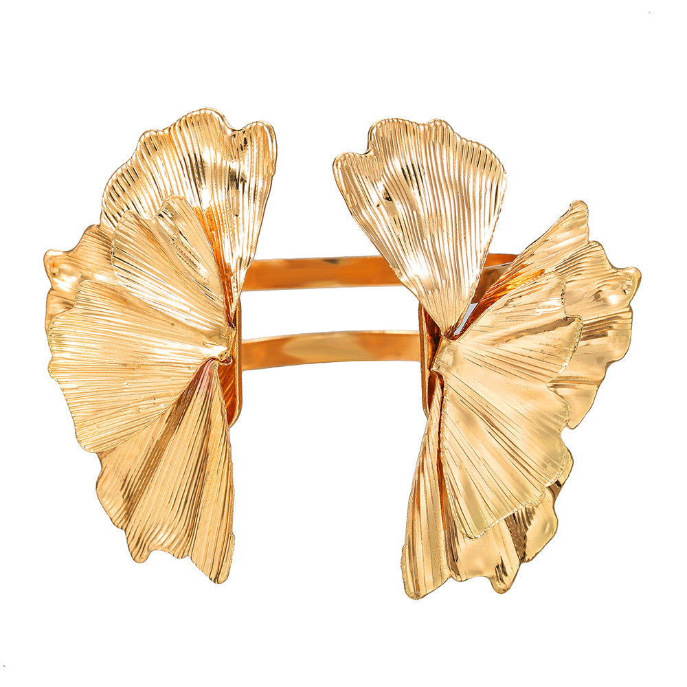 Geometric Silver-Plated Alloy Cuff Bracelet with Ruffled Ginkgo and Floral Accents for Women