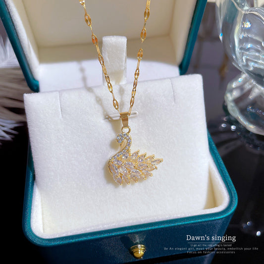 Minimalist Titanium Steel Swan Geometric Pendant Necklace for Women with Rhinestone Inlay