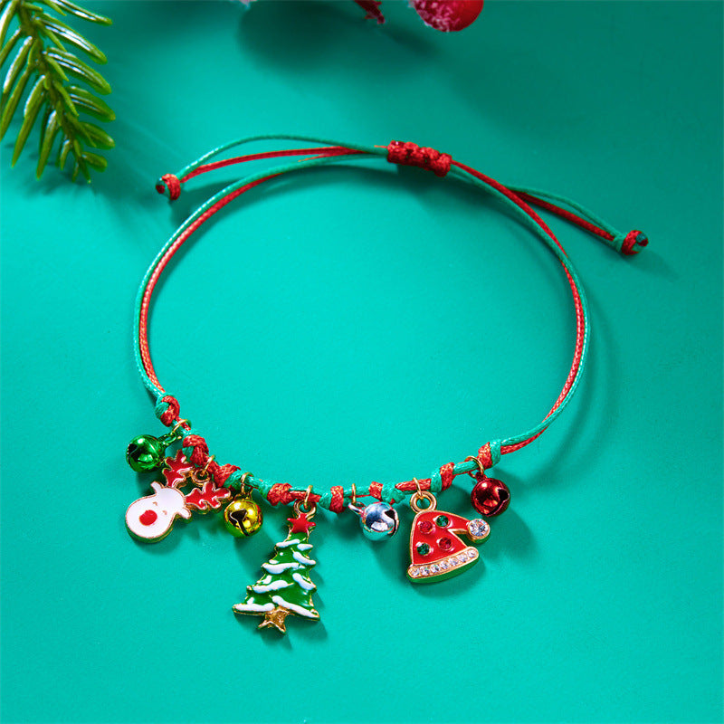 Pulsera trenzada navideña para mujer con colgante de Papá Noel y árbol de Navidad, joyería de aleación para regalo festivo