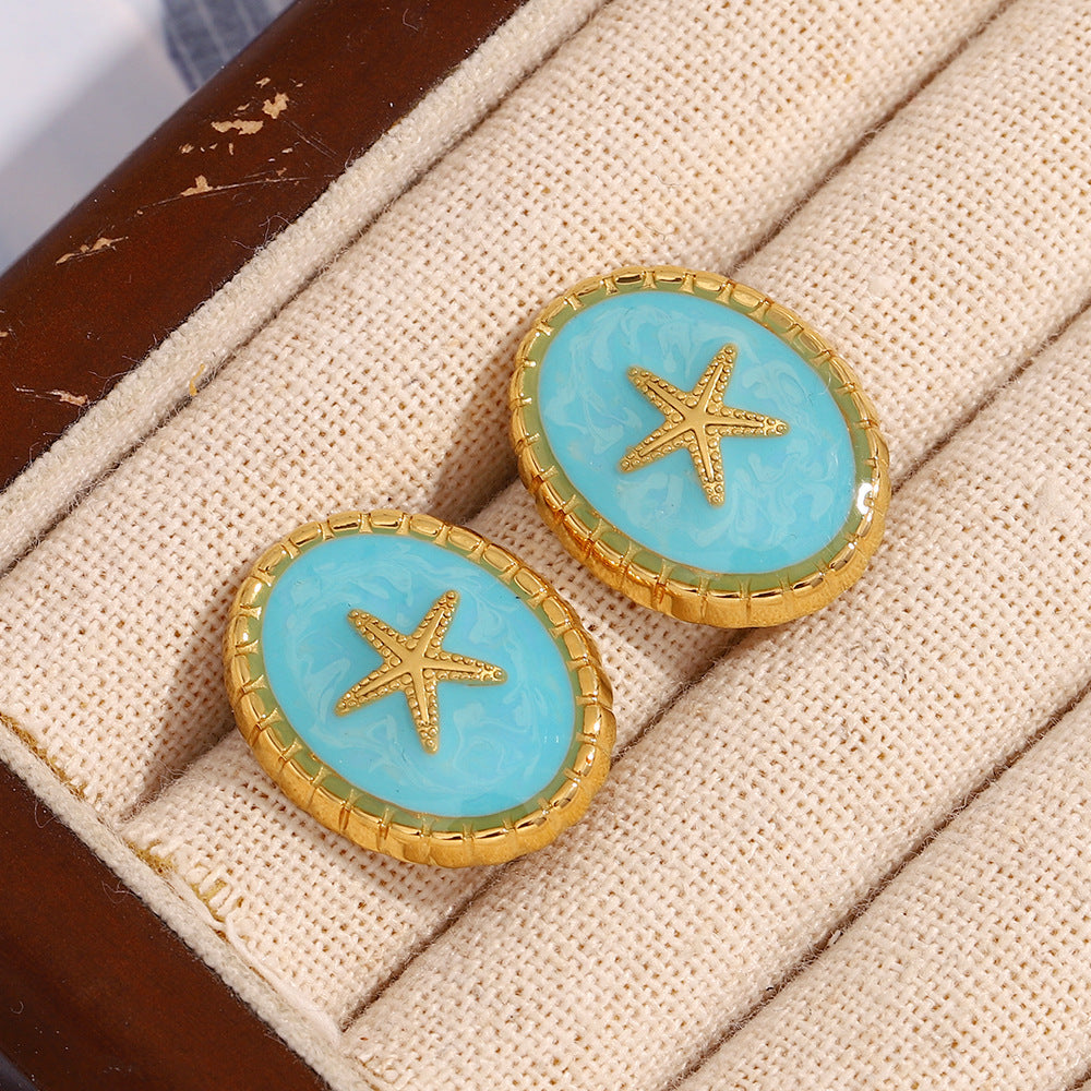 Vintage Style Geometric Stainless Steel Ear Studs with 18K Gold Plating and Blue Enamel Star Design