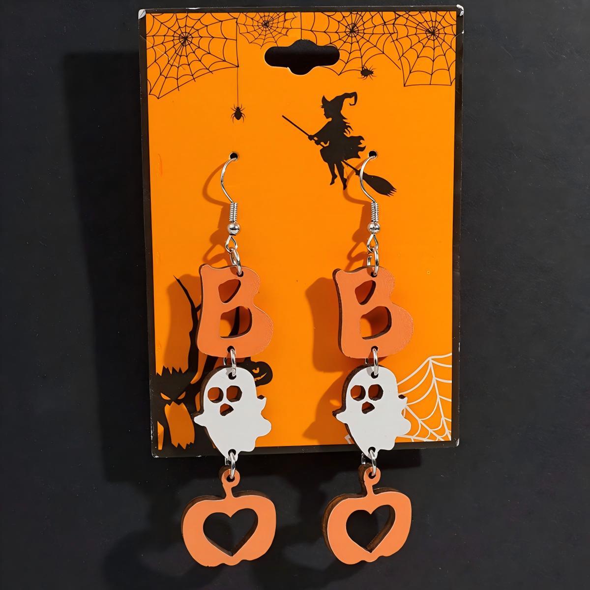 Juego de pendientes de Halloween estilo dibujos animados con diseño de calabaza, aretes de aleación y postes de acero inoxidable para mujer