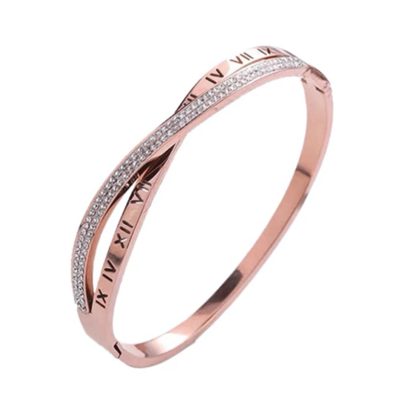 Bracciale Minimalista in Acciaio al Titanio con Numeri Romani e Croce per Donna, con Intarsi in Zircone e Placcatura in Oro Rosa