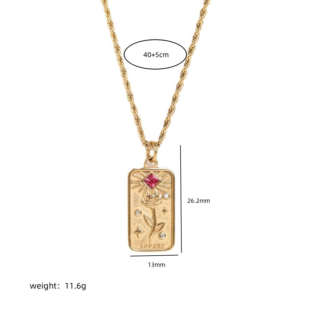 Minimalist Geometric Rectangular Sun God Floral Pendant Necklace in Titanium Steel with Rhinestone Inlay and Plated Finish