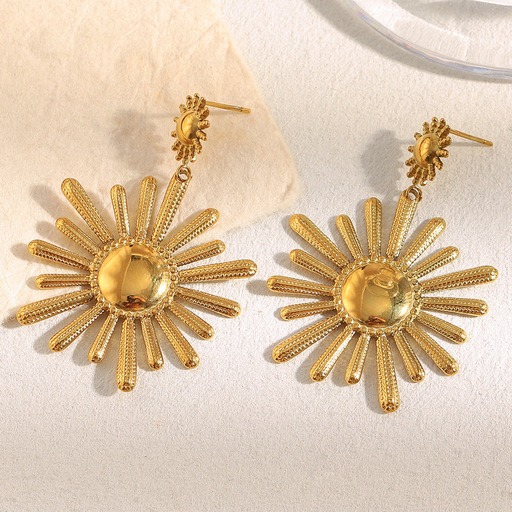 Minimalist Sunflower Pendant Earrings in Stainless Steel with 18K Gold Plating for Women