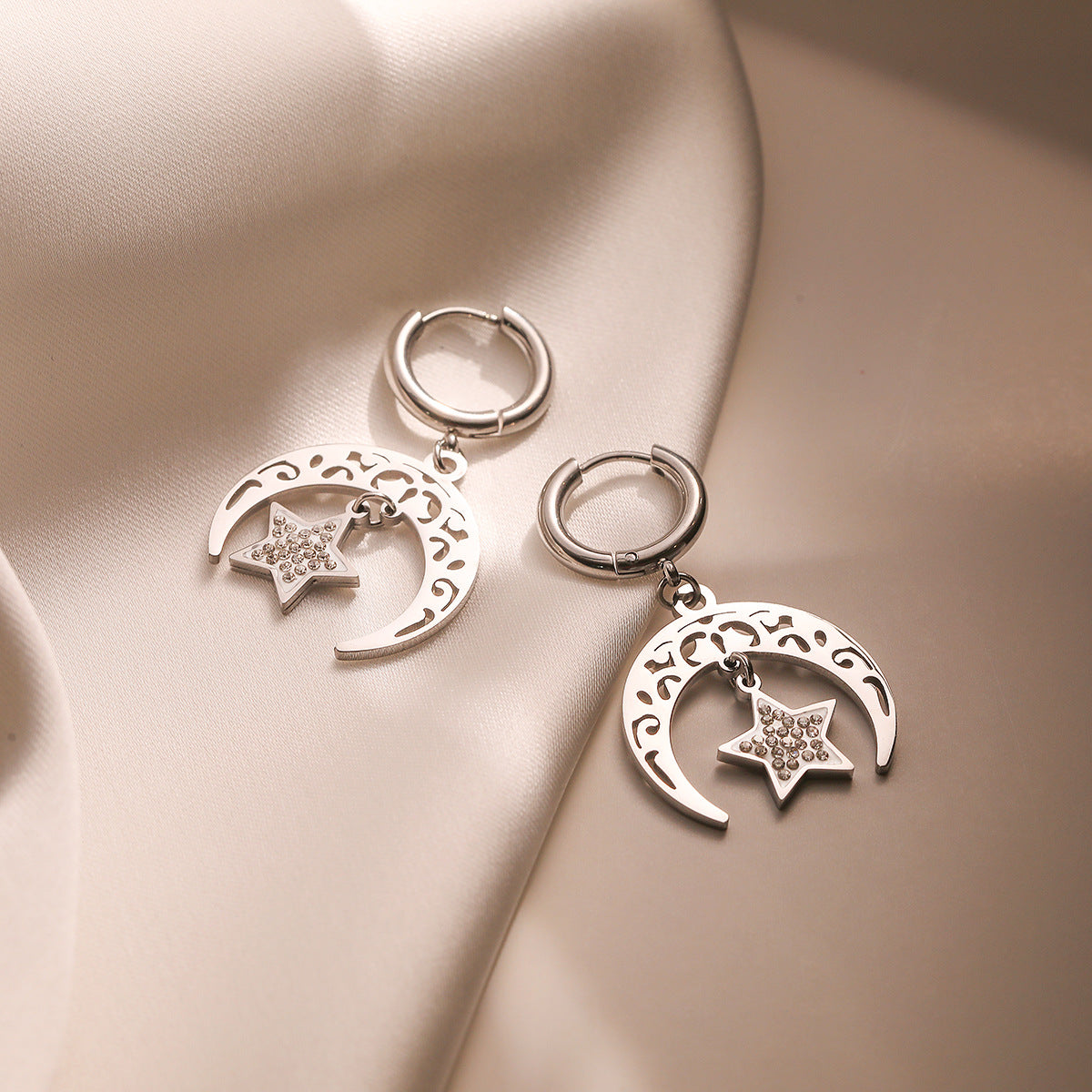 Minimalist Geometric Titanium Steel Earrings with Gold Plating and Zircon Sun Moon Motifs for Women
