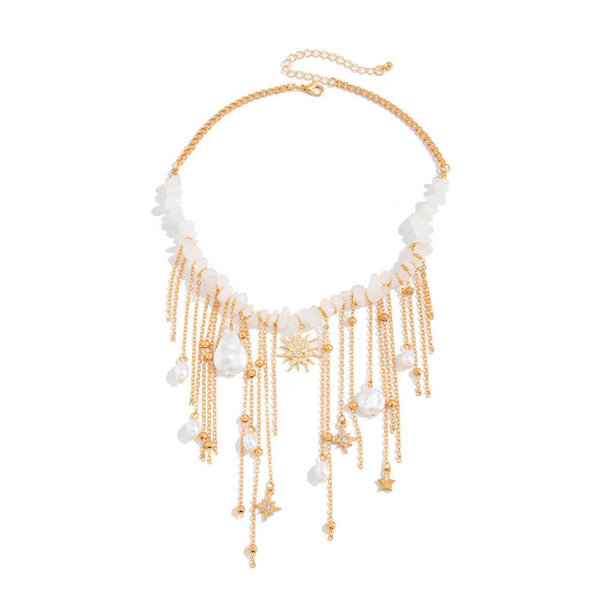 Sweet Geometric Star Brass Plated Necklace with Imitation Pearl Tassel and Rivet Details for Women